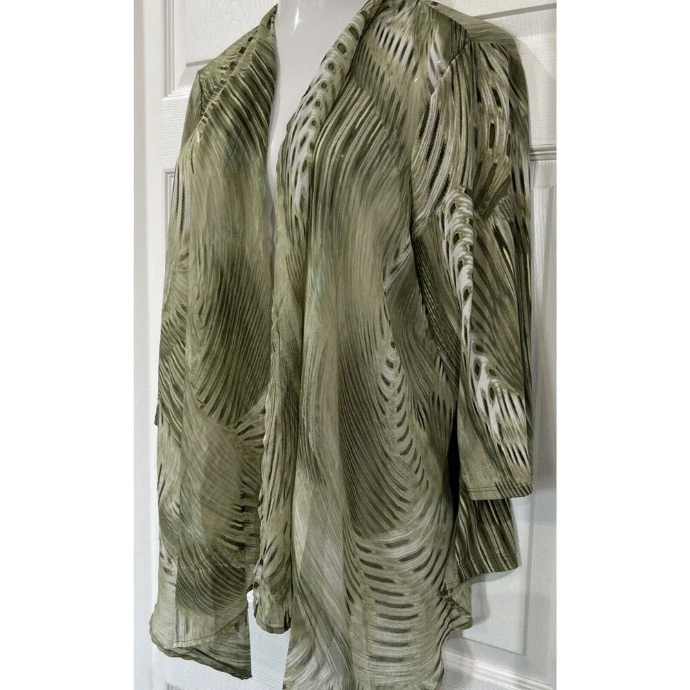 Chicos 3 Travelers Cardigan Green Frond Feather Open Front Semi Sheer Women's XL